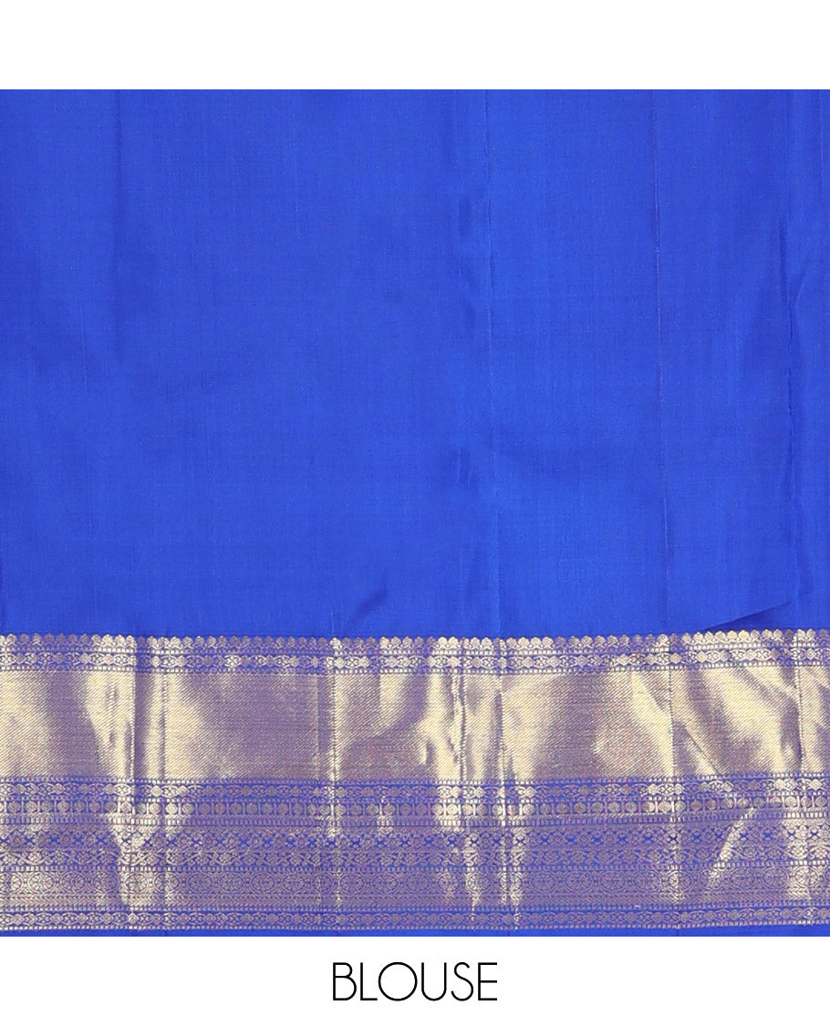 Royal blue zari buttas woven Kanchipuram silk saree, zari border of thilakam mokku, muthu, rudraksham, kodi visiry, chakram, and kathir designs, and jaal pallu