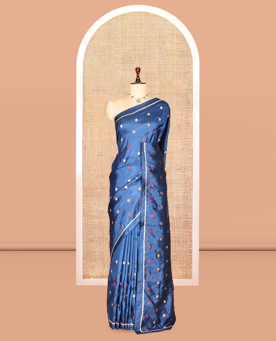 Sky Blue Matka Silk Saree Features Thread Buttas, a Self-Border, Pichwai Cow Pallu, Matching Blouse