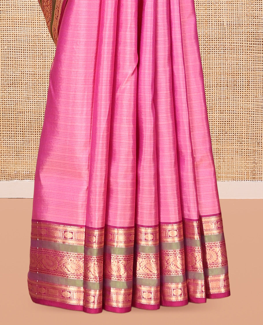 Onion Pink Striped Vasundhara Silk Saree, Contrast Border of Muthu, Mayil Kann, Kamalam, and Manga, Jaal Pallu, a Contrast Blouse