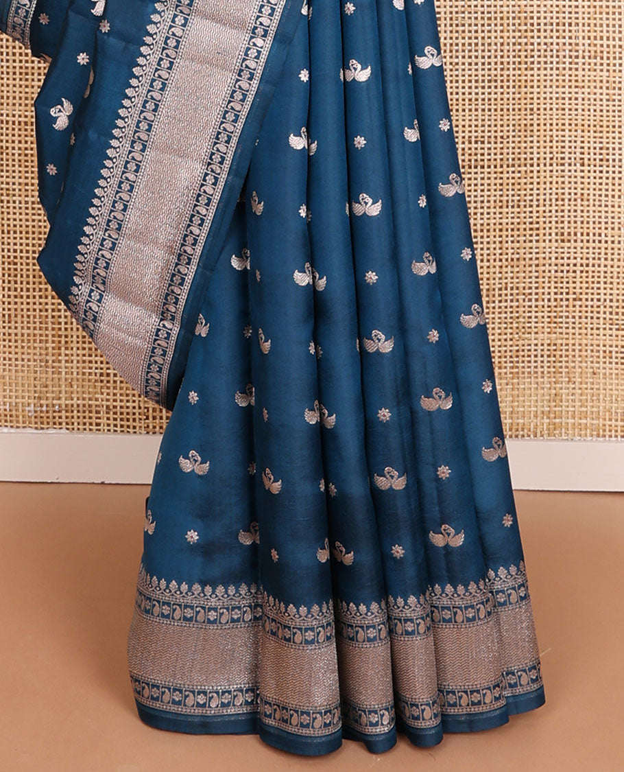 Blue raw mango silk saree with swan & flower buttas, traditional zari border & floral design pallu
