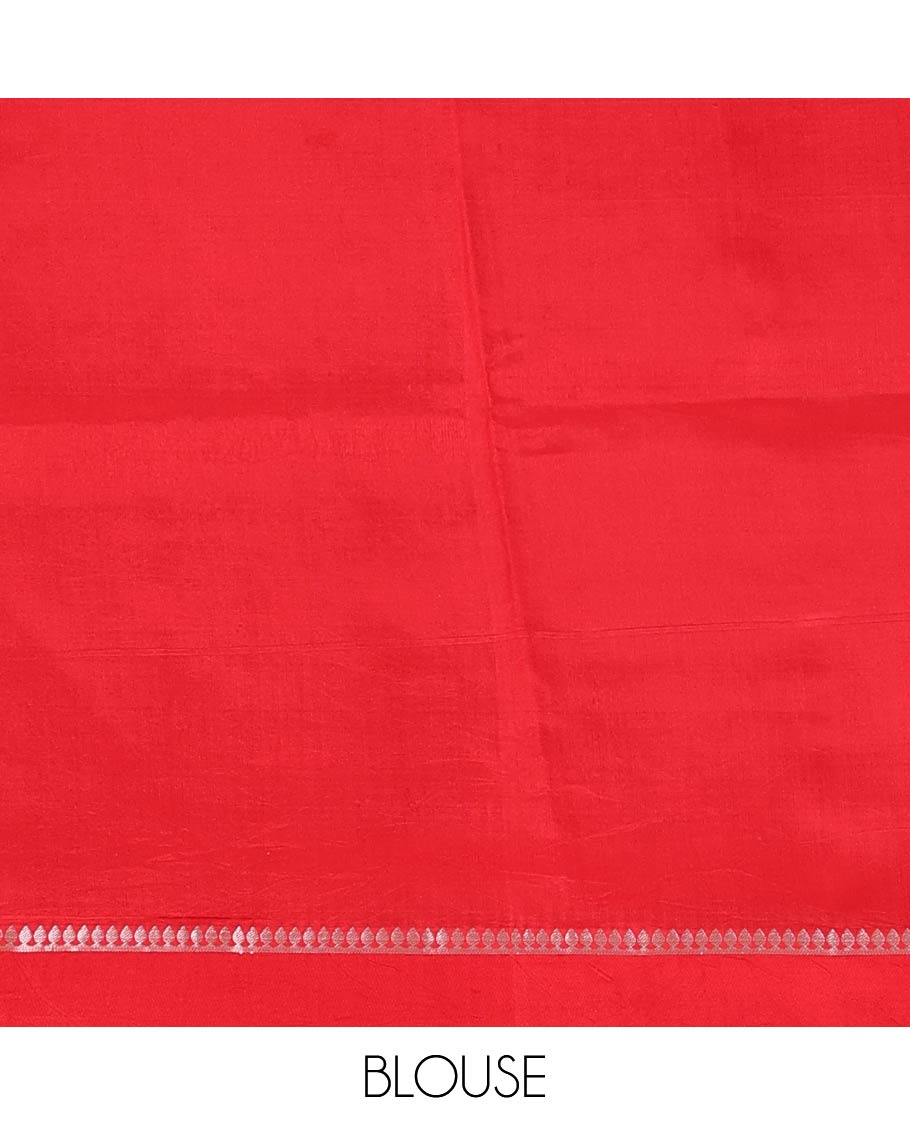 Peach floral buttas raw mango silk saree, zari border, and zari rich jaal pallu