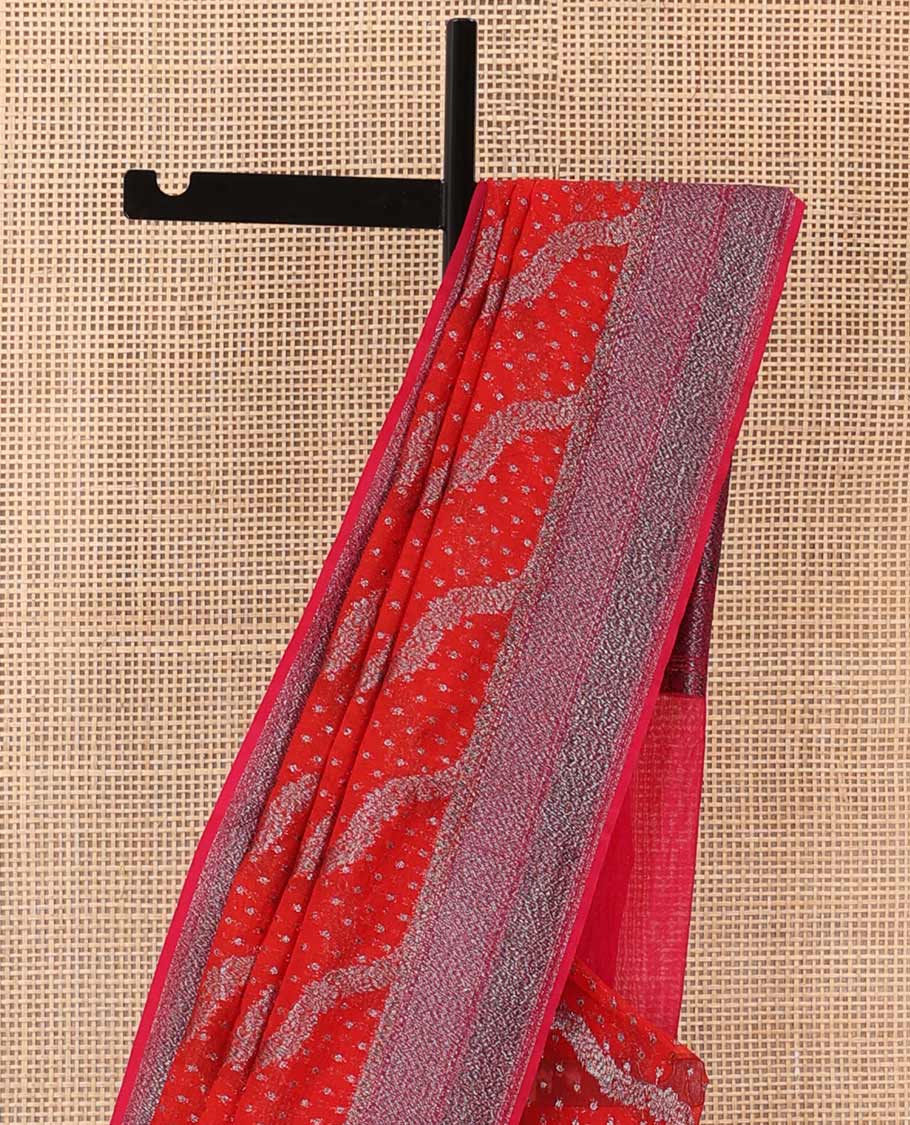 Red diagonal zig-zag floral vine woven fancy saree, zari border, and zari woven pallu