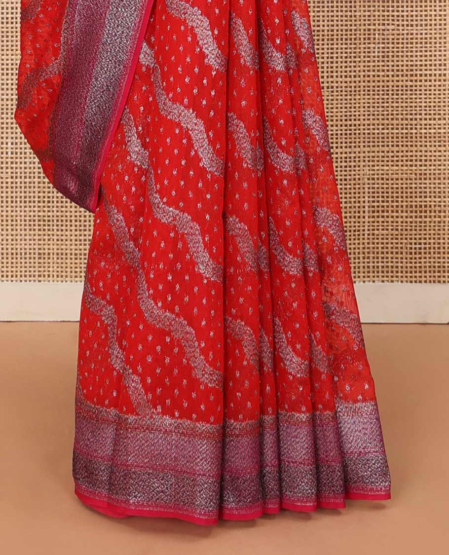 Red diagonal zig-zag floral vine woven fancy saree, zari border, and zari woven pallu