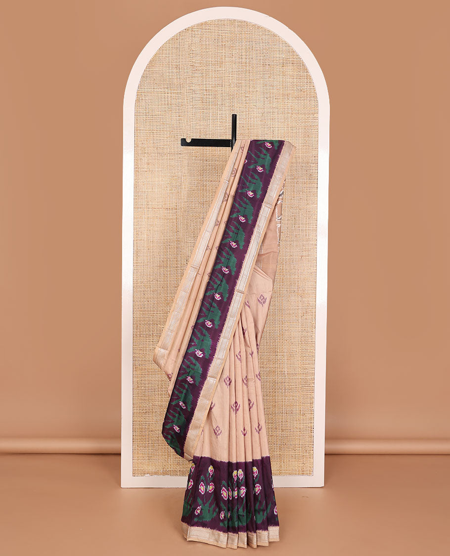 Sandal ikkat buttas ikkat saree, contrast ikkat floral border of zari designs & pallu of ikkat designs
