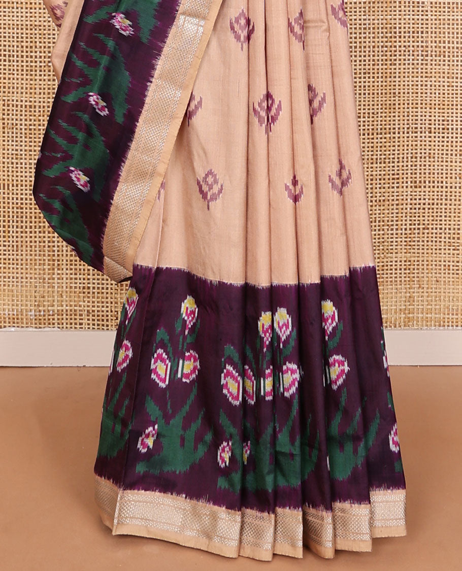 Sandal ikkat buttas ikkat saree, contrast ikkat floral border of zari designs & pallu of ikkat designs