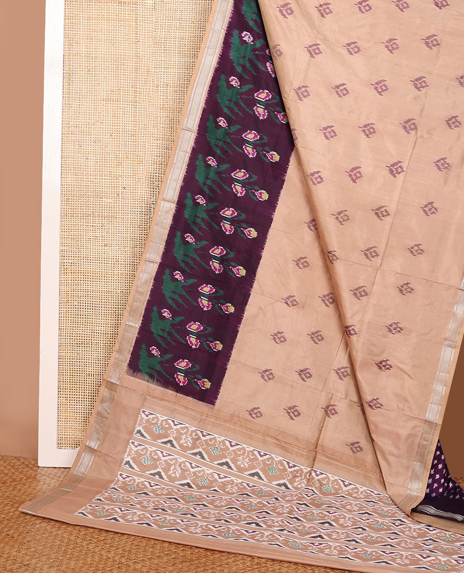 Sandal ikkat buttas ikkat saree, contrast ikkat floral border of zari designs & pallu of ikkat designs