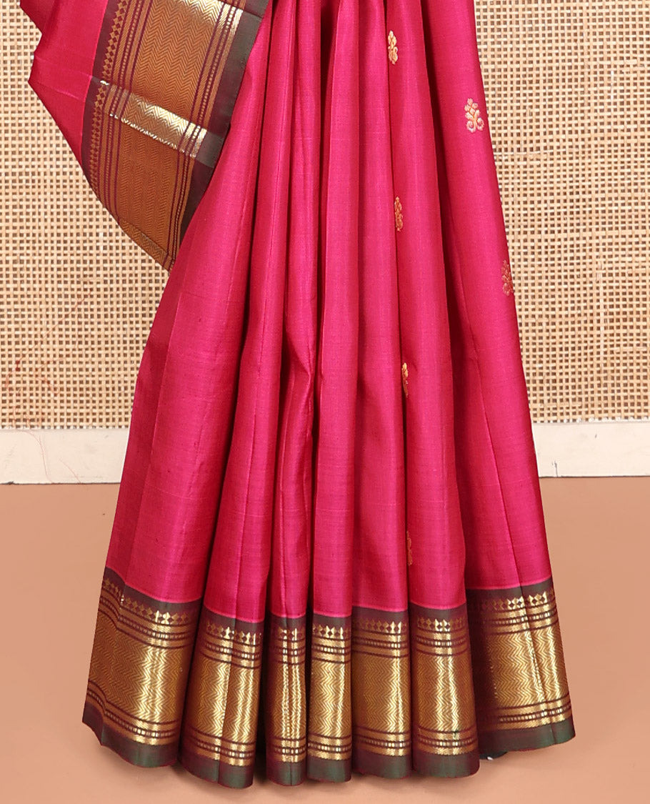 Pink Kanchipuram Silk Saree, Embellished with Zari Buttas, Contrast Border of Paneer Sombu, Banaras, Muthu, and Vanki, Zari Design Pallu, and No Blouse