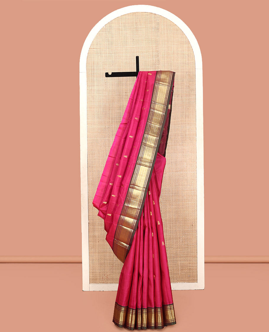 Pink Kanchipuram Silk Saree, Embellished with Zari Buttas, Contrast Border of Paneer Sombu, Banaras, Muthu, and Vanki, Zari Design Pallu, and No Blouse