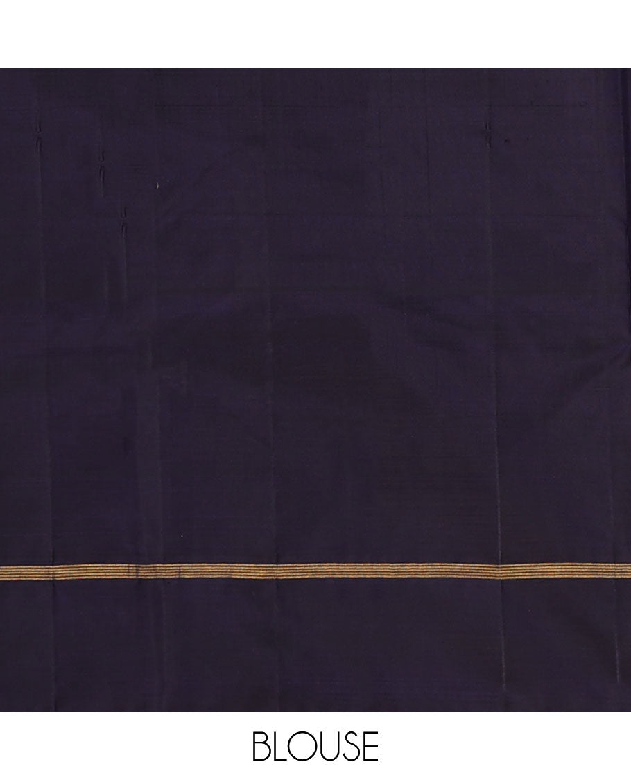 Red malli mokku Kanchipuram silk saree, contrast thazampoo rekku border of stripes, and zari design pallu