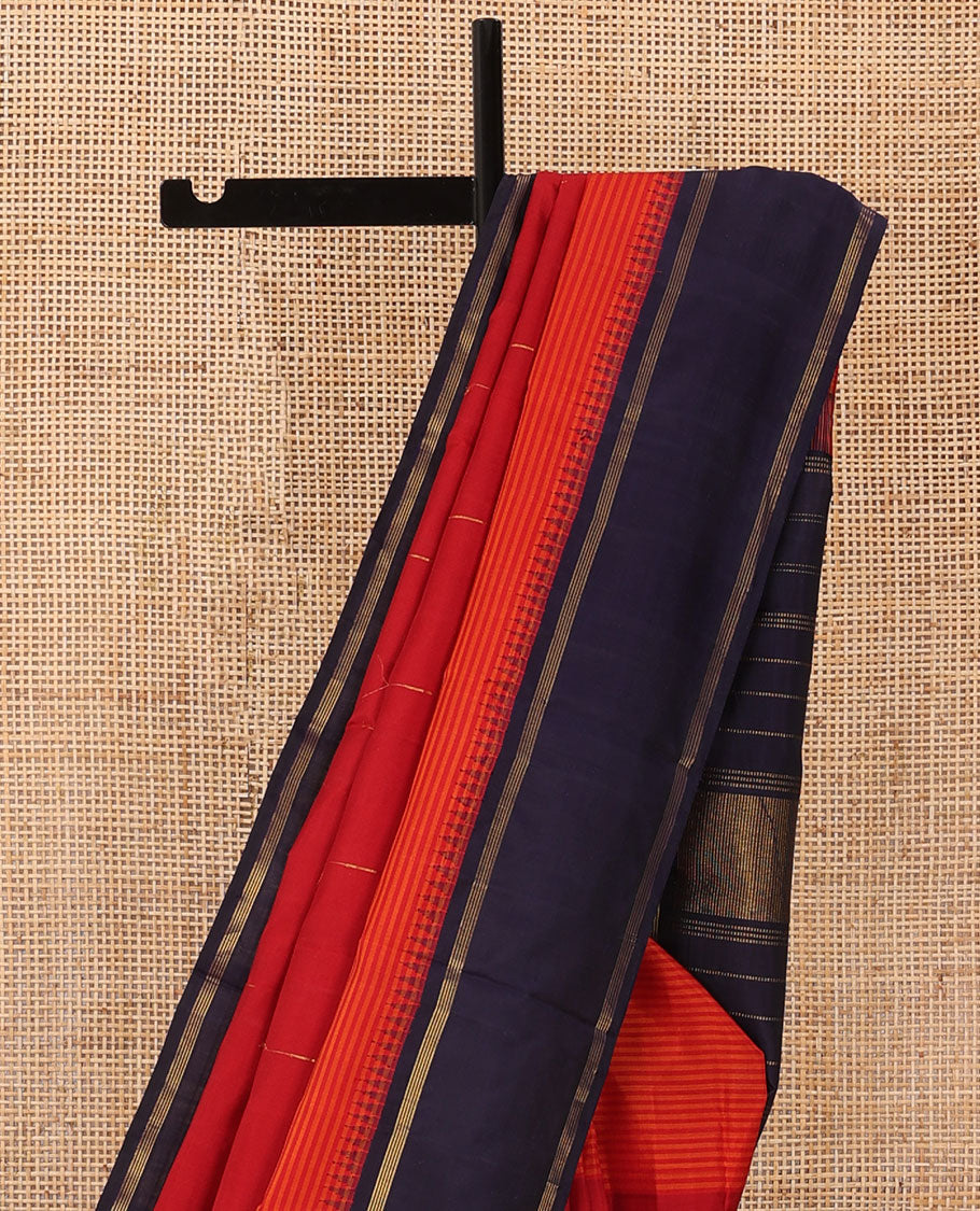 Red malli mokku Kanchipuram silk saree, contrast thazampoo rekku border of stripes, and zari design pallu