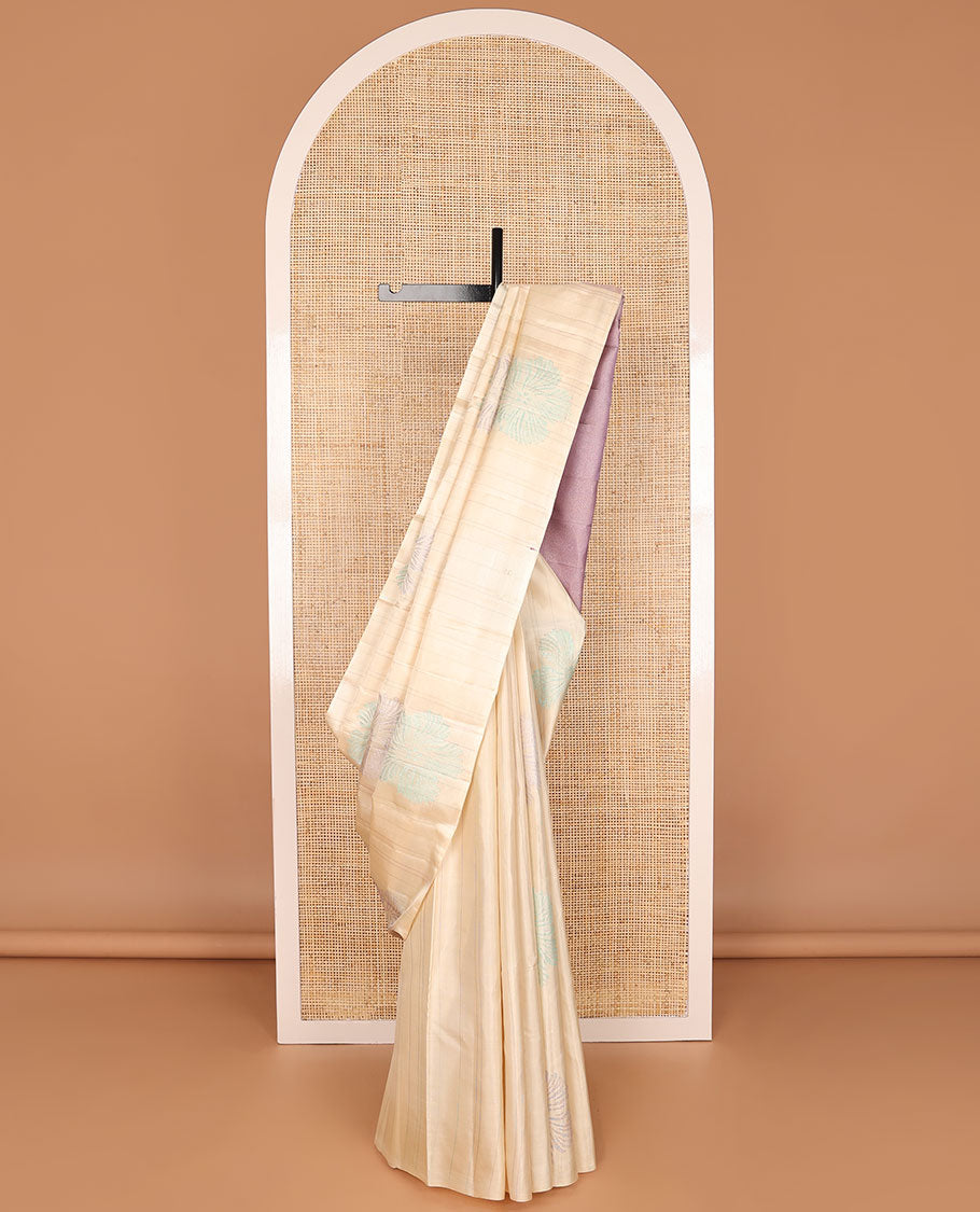Borderless cream floral buttas kancheepuram silk saree with jaal design pallu