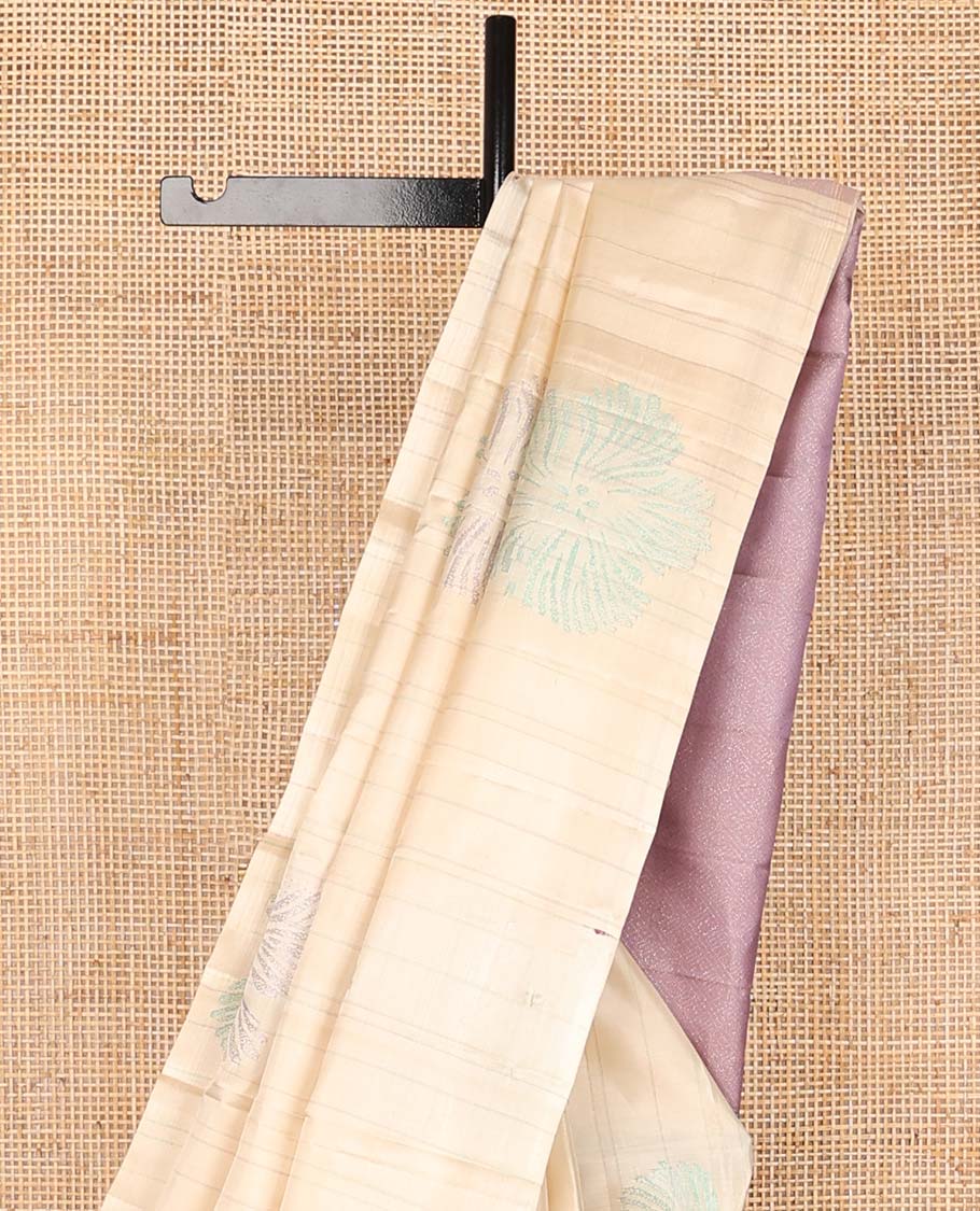 Borderless cream floral buttas kancheepuram silk saree with jaal design pallu