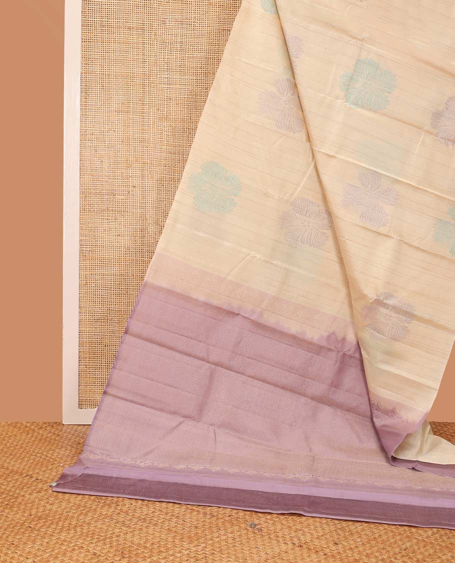 Borderless cream floral buttas kancheepuram silk saree with jaal design pallu