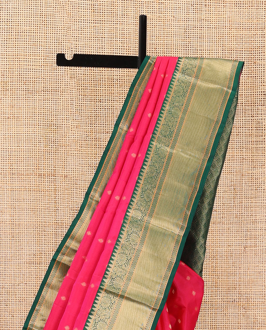 Red zari buttas silk saree, contrast border of rekku,muthu, kodi visiry & vanki, & scallop pallu