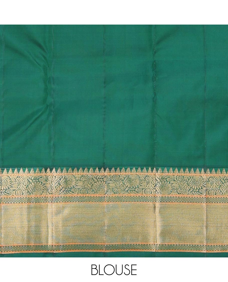 Red zari buttas silk saree, contrast border of rekku,muthu, kodi visiry & vanki, & scallop pallu