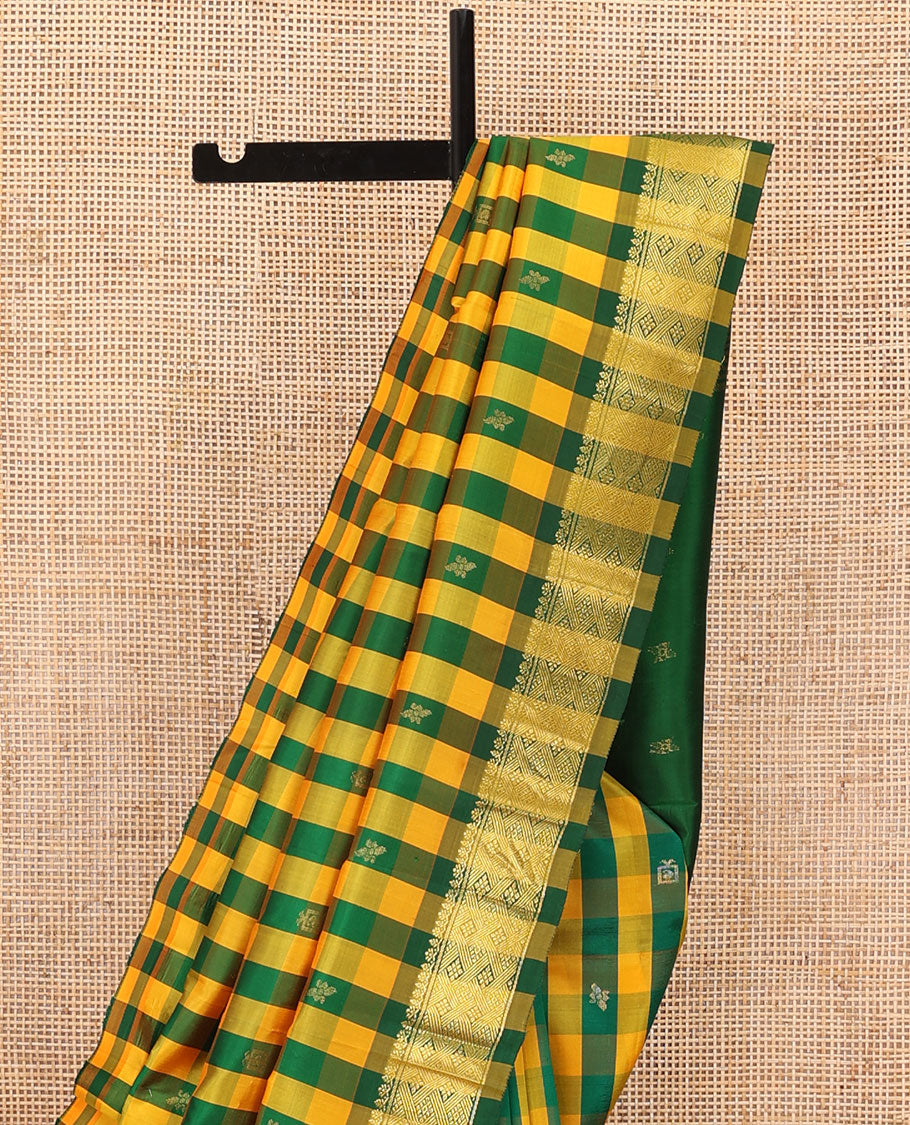 Multi-color checked & zari buttas Kanchipuram silk saree, one-sided zari design border & zari design pallu