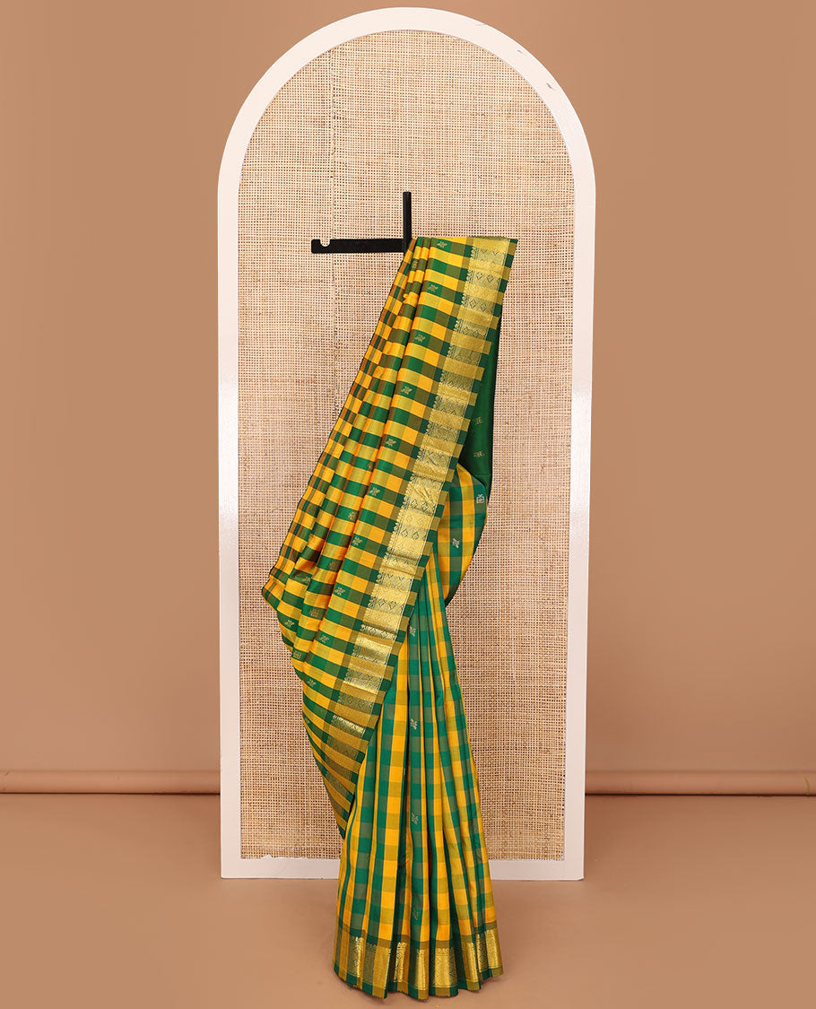 Multi-color checked & zari buttas Kanchipuram silk saree, one-sided zari design border & zari design pallu