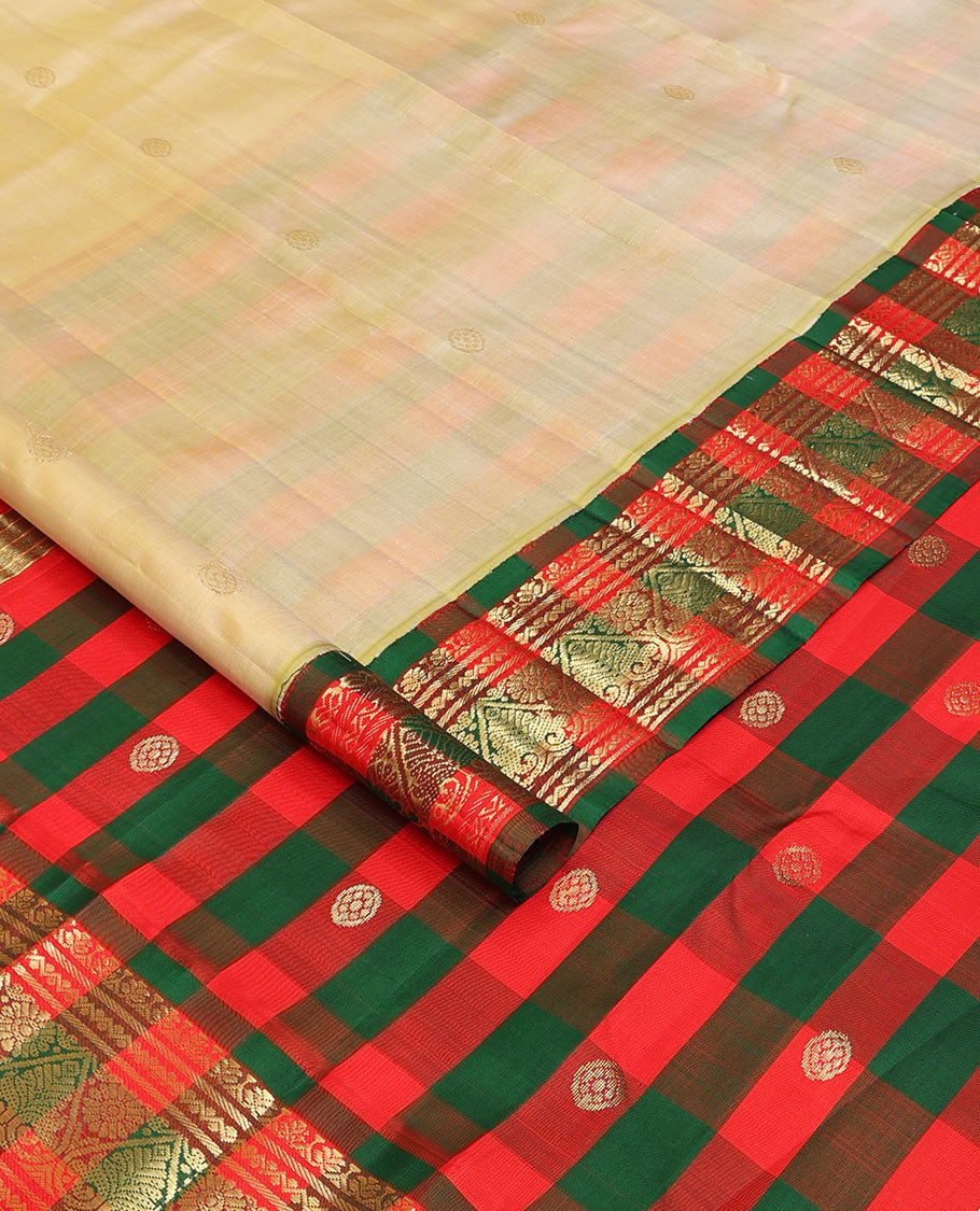 Sandal zari buttas Kanchipuram silk saree, contrast korvai one-sided border of neli,banaras & jadai nagam & chakram motifs checked pallu