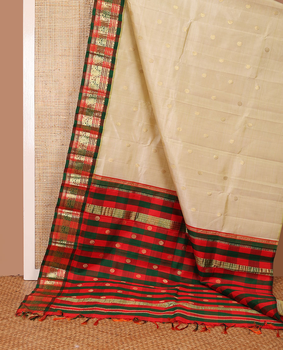 Sandal zari buttas Kanchipuram silk saree, contrast korvai one-sided border of neli,banaras & jadai nagam & chakram motifs checked pallu