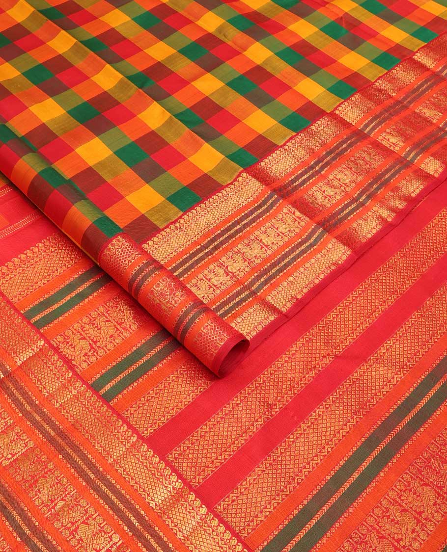 Multi-color paalum pazhamum checked Kanchipuram silk saree, contrast border of manga mokku,neli,mayil kann,kathir, rudraksham, and mayil, and zari pallu