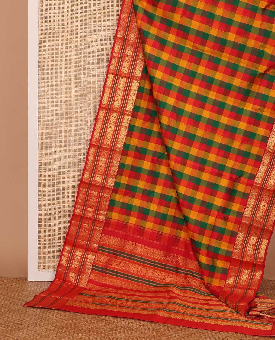 Multi-color paalum pazhamum checked Kanchipuram silk saree, contrast border of manga mokku,neli,mayil kann,kathir, rudraksham, and mayil, and zari pallu