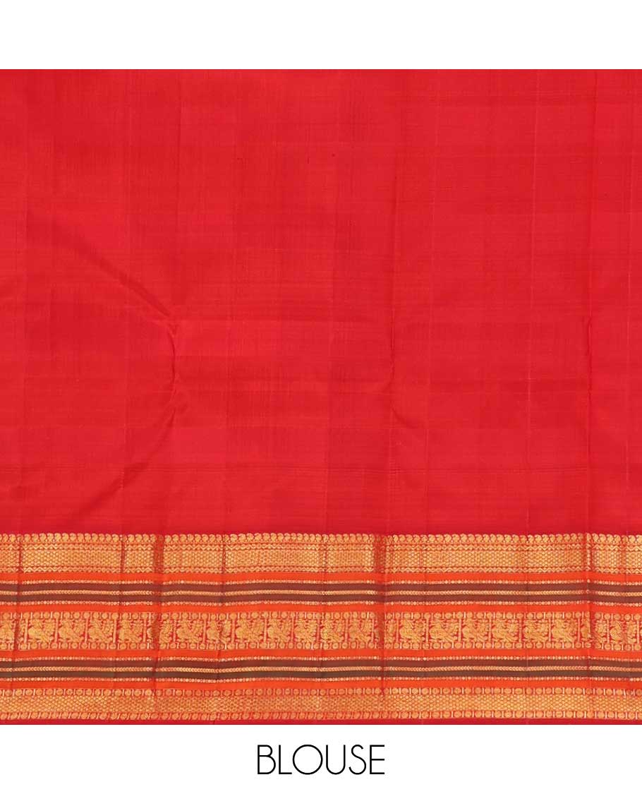 Multi-color paalum pazhamum checked Kanchipuram silk saree, contrast border of manga mokku,neli,mayil kann,kathir, rudraksham, and mayil, and zari pallu