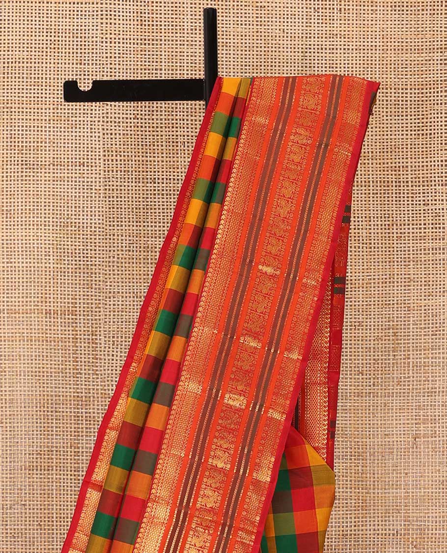 Multi-color paalum pazhamum checked Kanchipuram silk saree, contrast border of manga mokku,neli,mayil kann,kathir, rudraksham, and mayil, and zari pallu