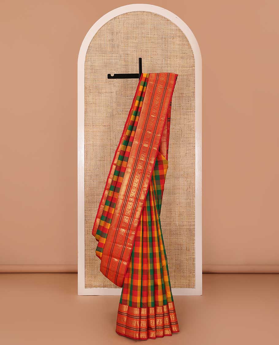 Multi-color paalum pazhamum checked Kanchipuram silk saree, contrast border of manga mokku,neli,mayil kann,kathir, rudraksham, and mayil, and zari pallu