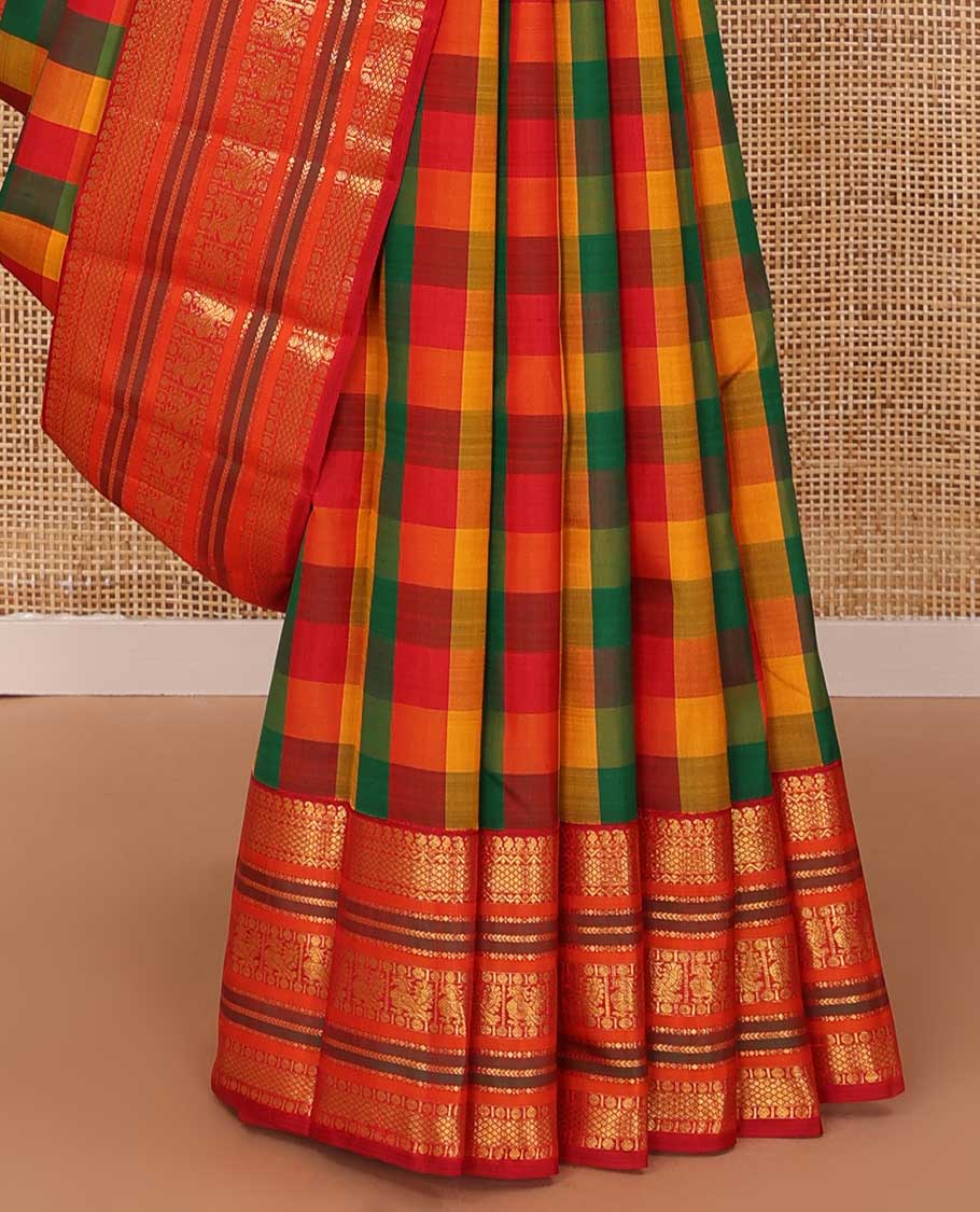 Multi-color paalum pazhamum checked Kanchipuram silk saree, contrast border of manga mokku,neli,mayil kann,kathir, rudraksham, and mayil, and zari pallu