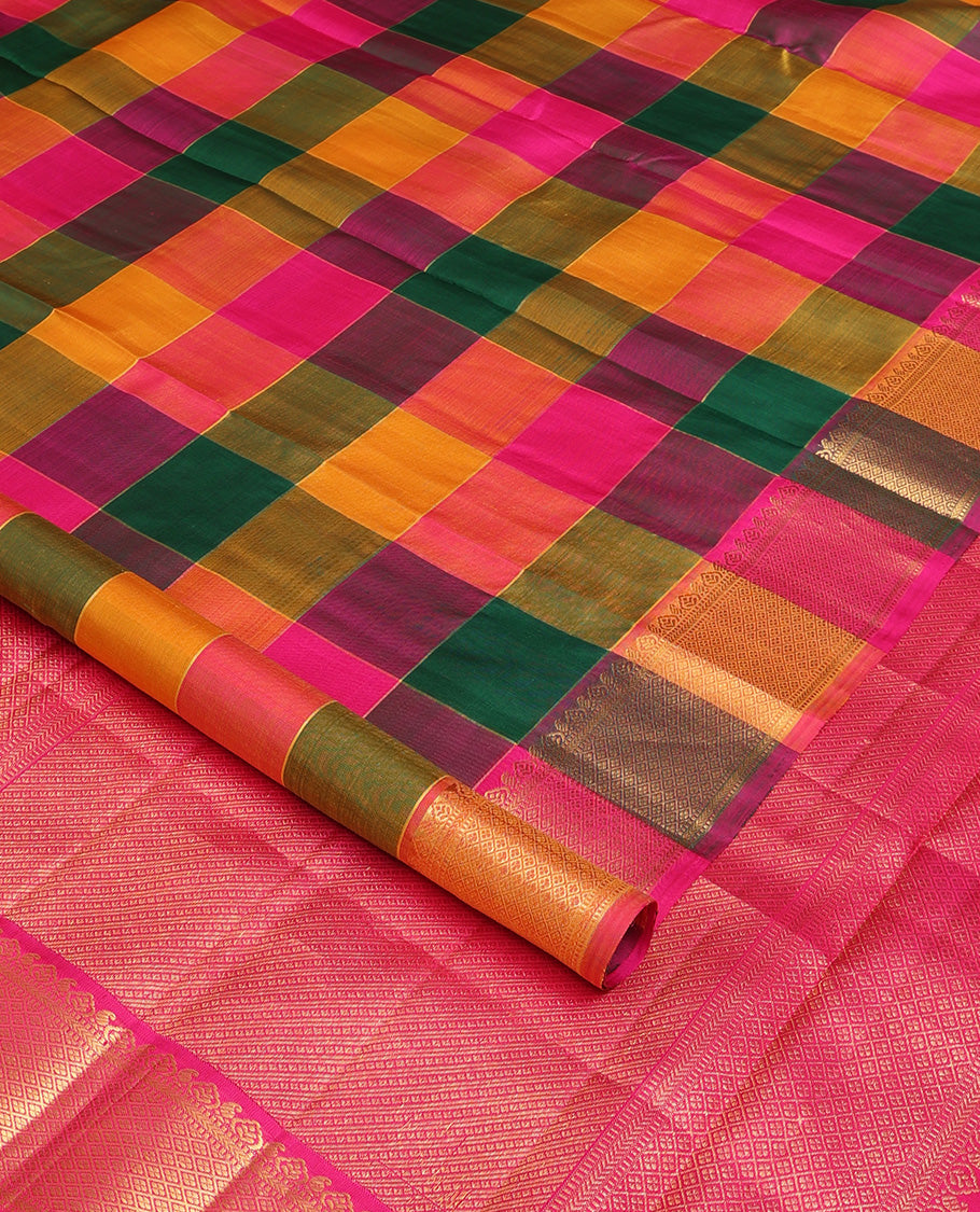 Multi-color palum pazahamum zari checked kanchipuram silk saree, zari border of thilakam, muthu, kathir, and jaal designs, and pallu of diagonal zari designs