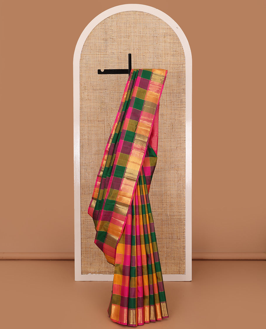 Multi-color palum pazahamum zari checked kanchipuram silk saree, zari border of thilakam, muthu, kathir, and jaal designs, and pallu of diagonal zari designs