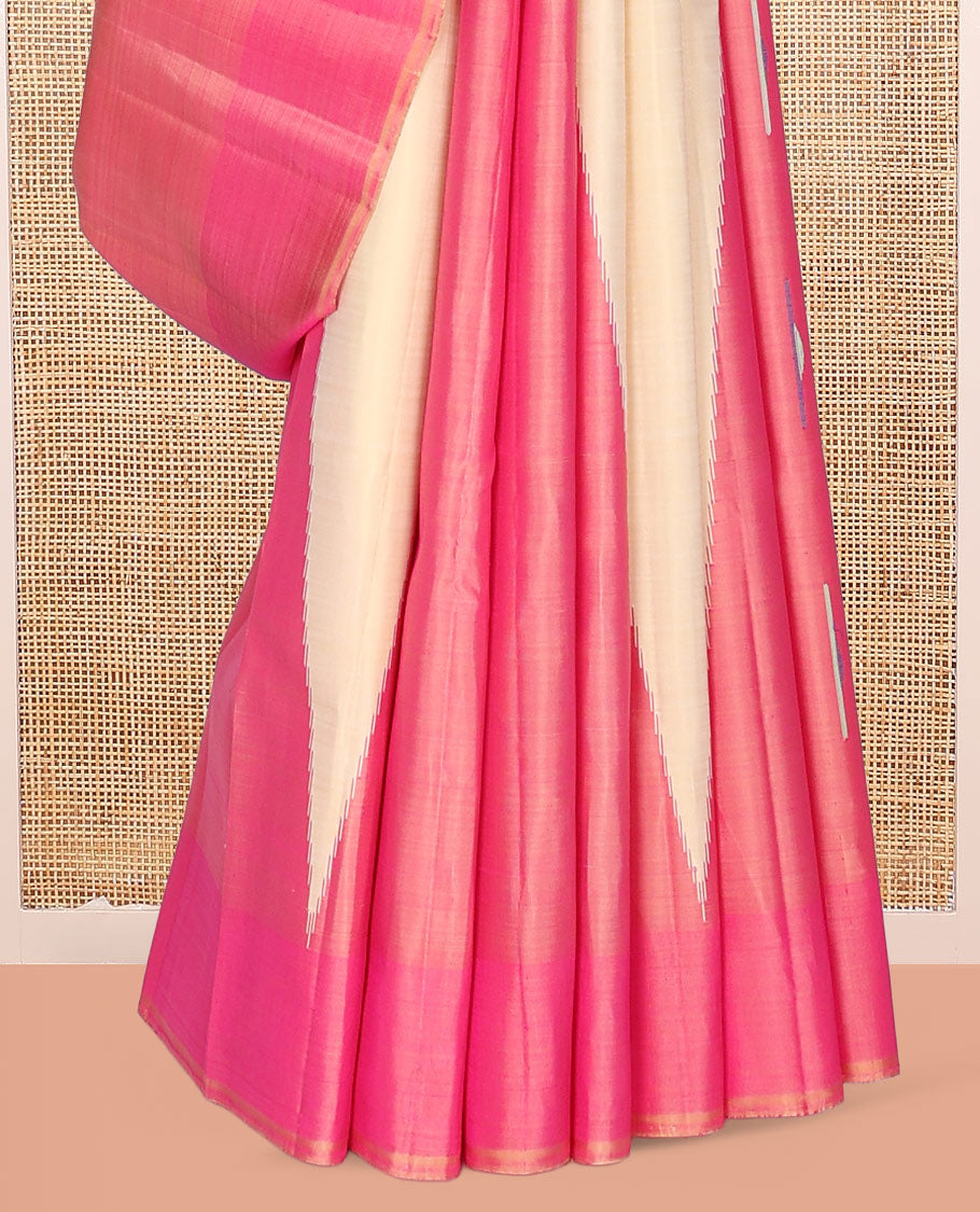 Sandal Kanchipuram Designer Silk Saree, Sparsely Threaded with Buttas, Complemented by a Contrast Temple Border, Striped Pallu, and Contrast Blouse