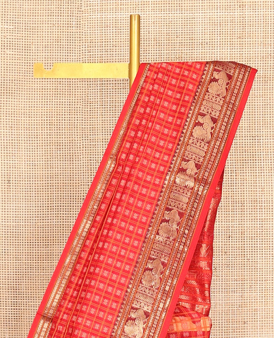 Red Buttas-Checks Kuppadam Silk Saree, a Semi-Contrast Traditional Peacock Border, Grand Pallu, a Matching Blouse