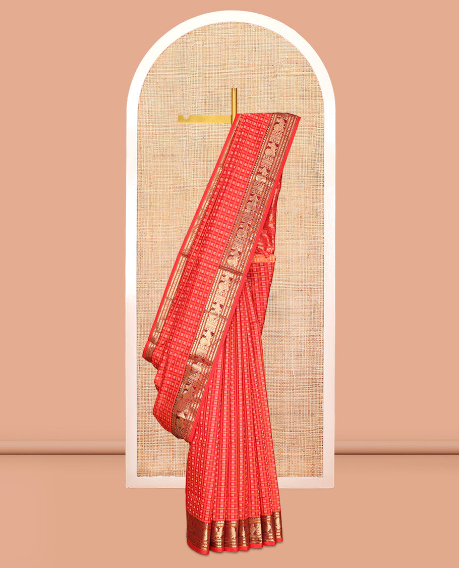 Red Buttas-Checks Kuppadam Silk Saree, a Semi-Contrast Traditional Peacock Border, Grand Pallu, a Matching Blouse