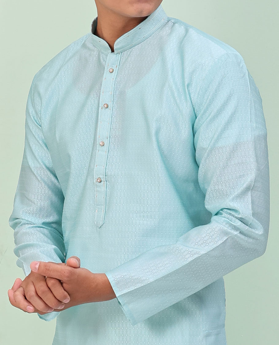 Baby blue embossed design full-sleeved kurta