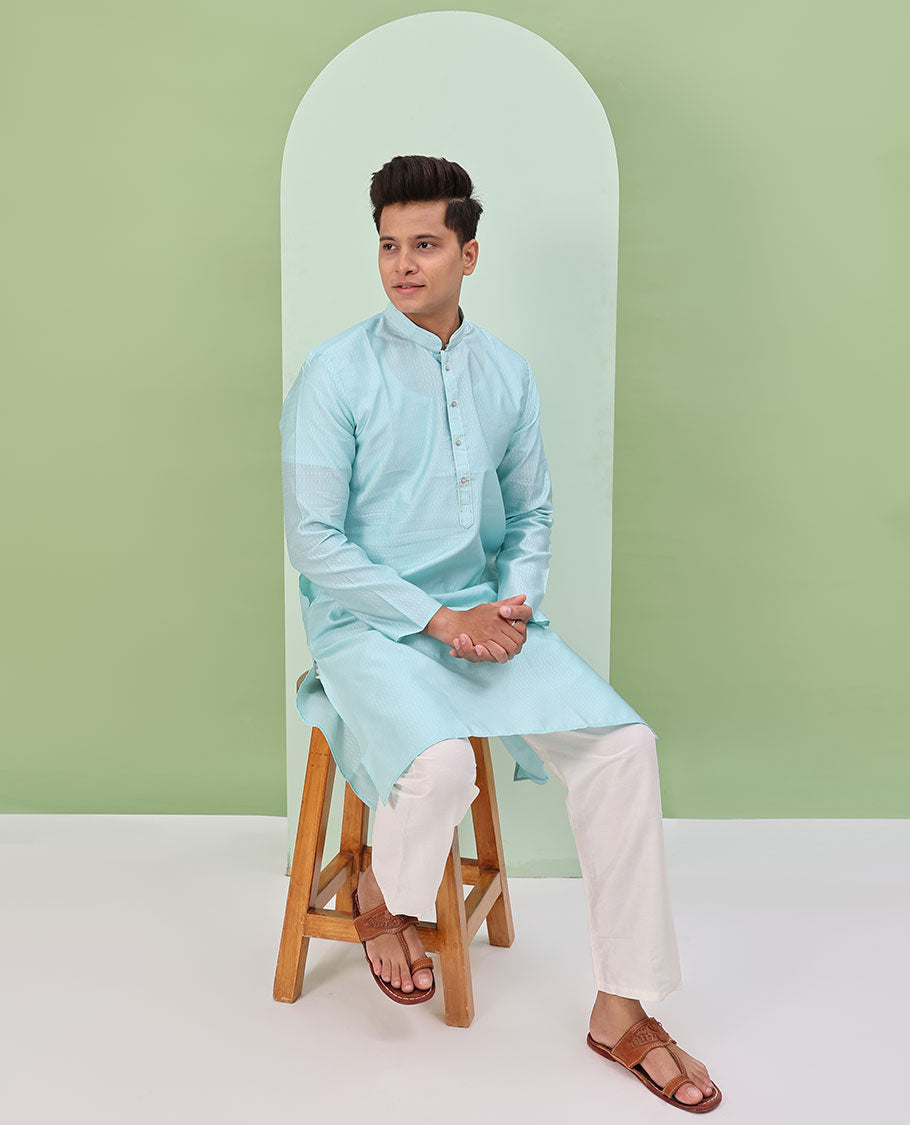 Baby blue embossed design full-sleeved kurta