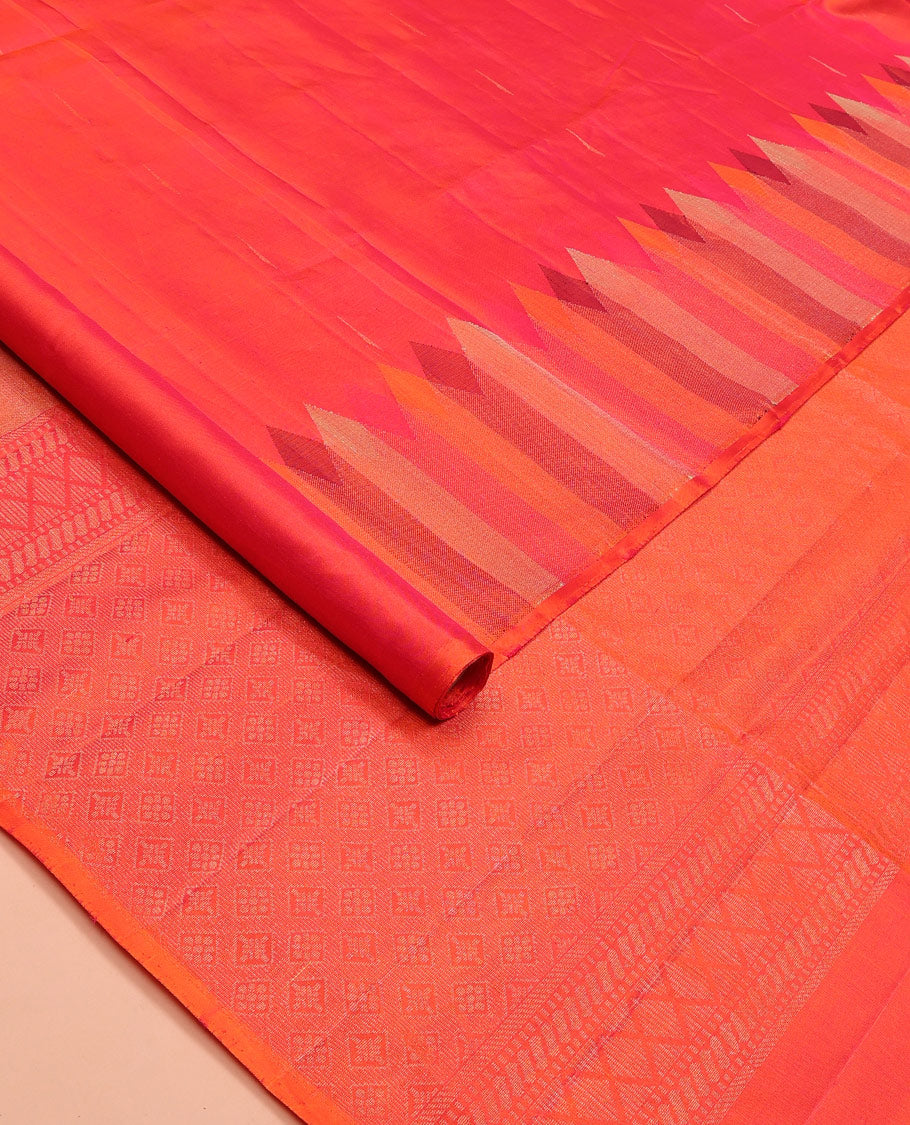 Orange malli mokku buttas soft silk saree, thread temple border, and jaal pallu