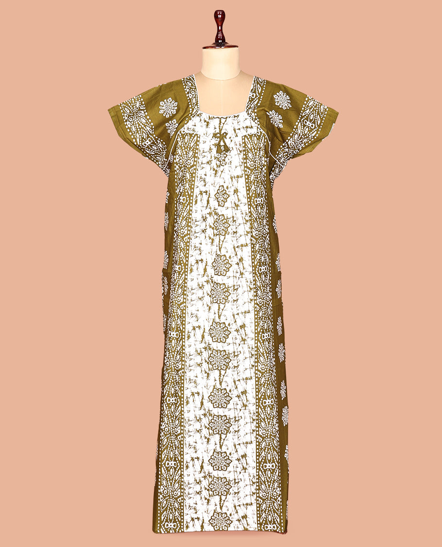 Green-White Cotton-Blended Nighty