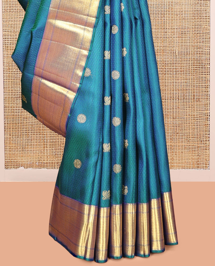 Blue Embossed-Mayil Chakram Buttas Kanchipuram Silk Saree, a Zari Border, Grand Pallu, Matching Blouse