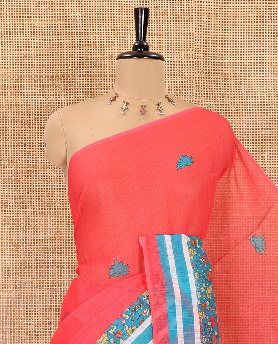 Pink floral motifs printed linen cotton saree with contrast kalamkari floral vine printed border, floral vine printed pallu, and a plain blouse