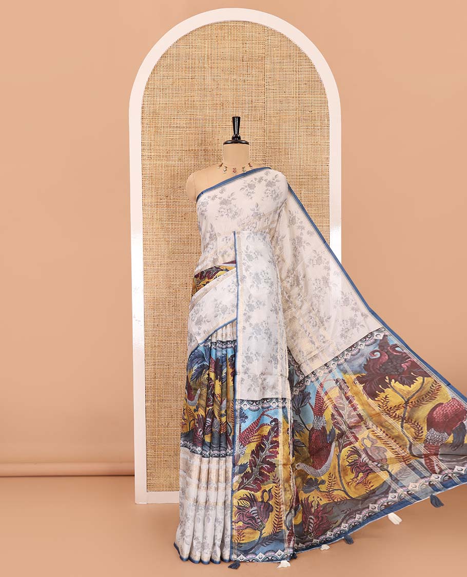 Grey floral, and bird motifs printed Moss crush saree, piping border, floral-bird printed pallu, and contrast printed blouse