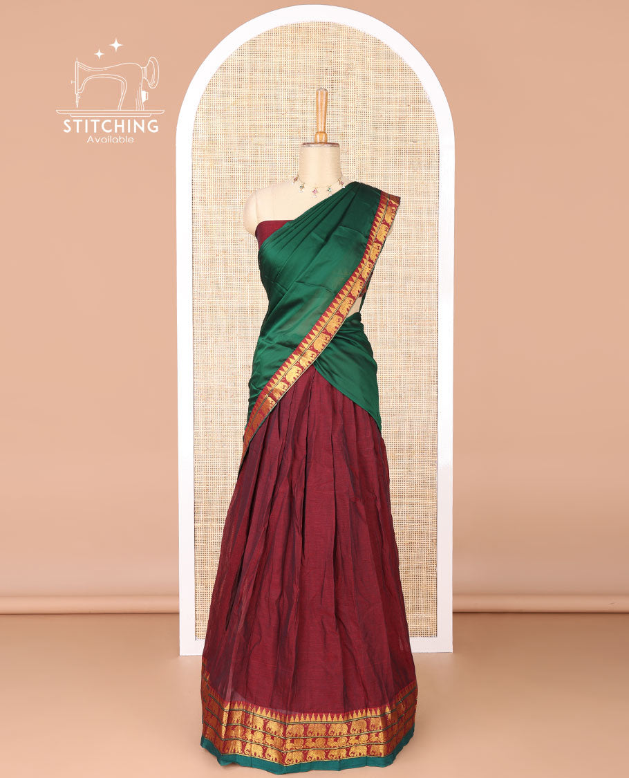 Maroon mercerised cotton daman zari border half saree with cotton blouse & skya georgette one side zari border