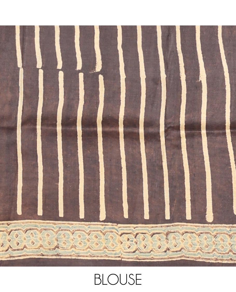 Brown floral & geometric printed silk saree, plain border & self-pallu of floral-leaf vine & chevron print