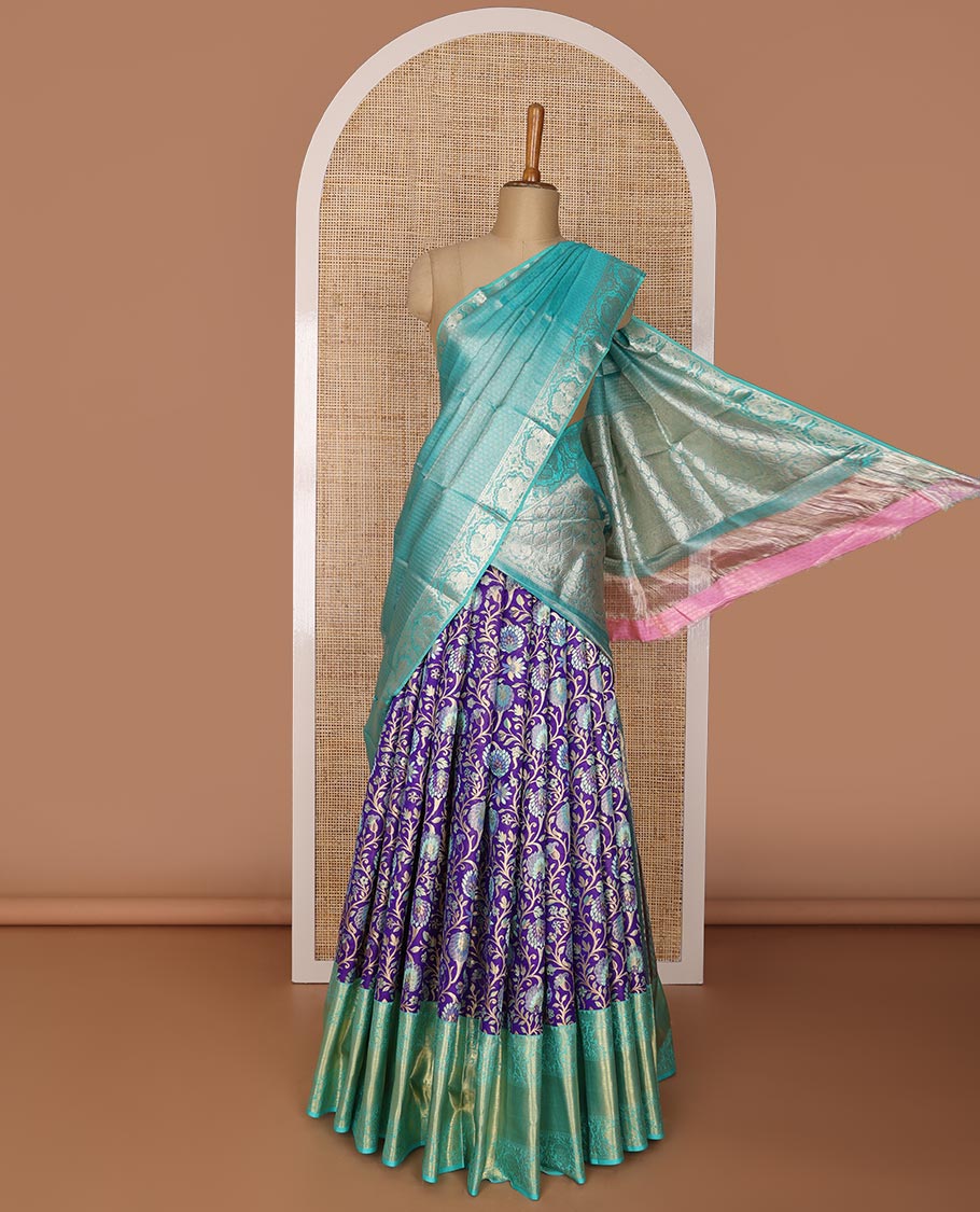 Violet floral jacquard silk half saree with contrast border of thilakam mokku, kodi visiry, banaras design, zari design blouse & floral design dhavani