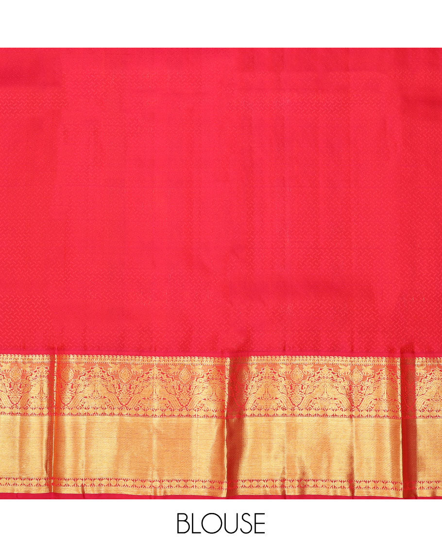 Yellow pure silk half-saree, zari buttas skirt, contrast border & blouse of manga,Muthu,kuthirai, rudraksha,yaanai & mayil & zari design dhavani