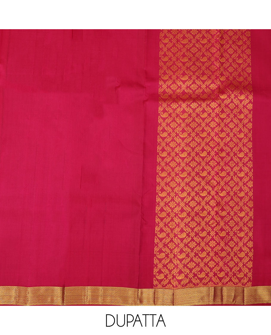 Yellow pure silk half-saree, zari buttas skirt, contrast border & blouse of manga,Muthu,kuthirai, rudraksha,yaanai & mayil & zari design dhavani