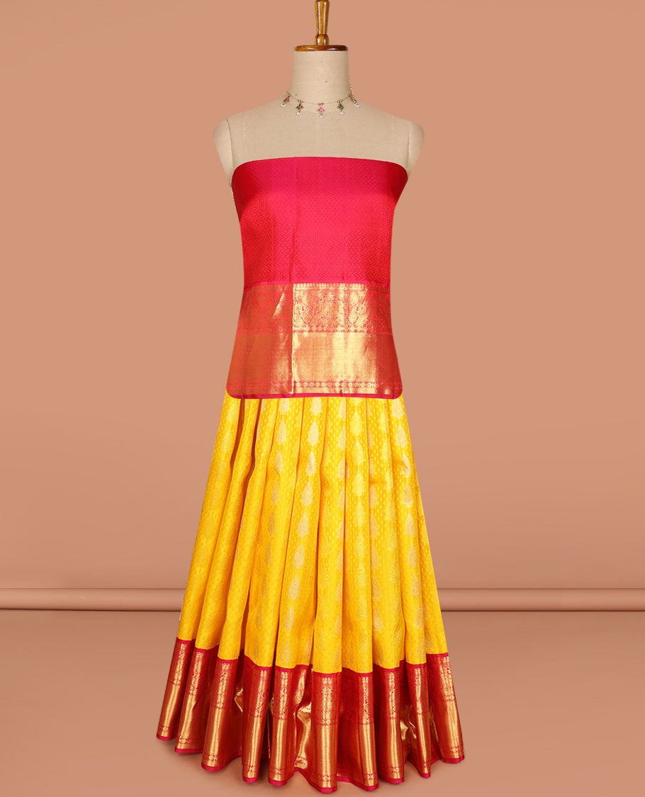 Yellow pure silk half-saree, zari buttas skirt, contrast border & blouse of manga,Muthu,kuthirai, rudraksha,yaanai & mayil & zari design dhavani