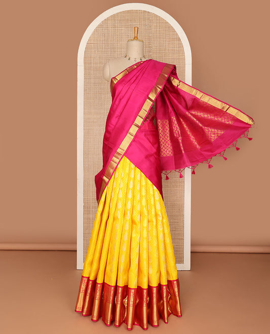 Yellow pure silk half-saree, zari buttas skirt, contrast border & blouse of manga,Muthu,kuthirai, rudraksha,yaanai & mayil & zari design dhavani