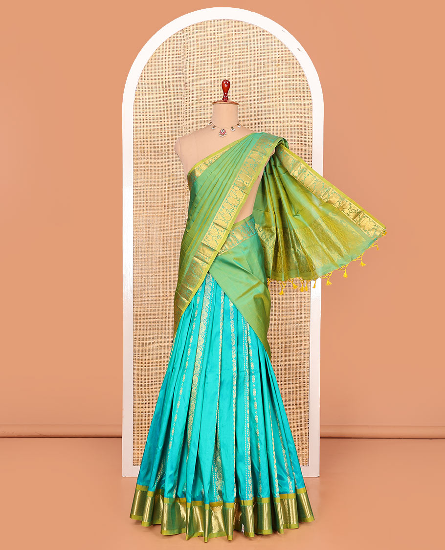 Blue zari design pure-silk half-saree with contrast border of jaal designs, contrast zari bordered blouse, and a jaal dhavani