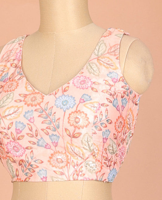 Peach colorful floral vine printed & embroidered front and back leaf-neck sleeveless readymade blouse
